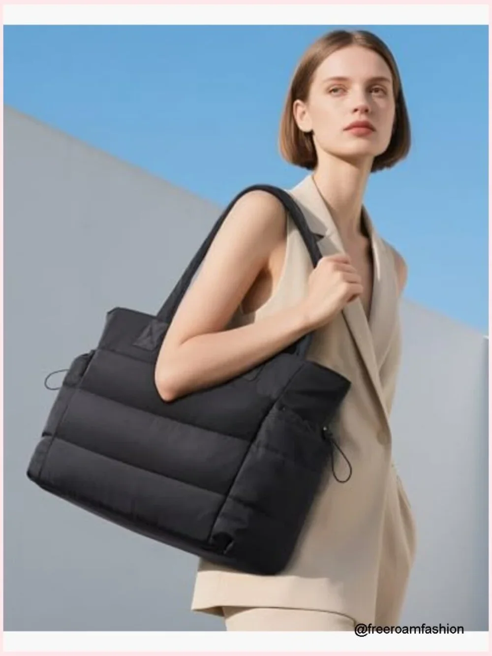 Puffer Tote Bag with Tumbler Holder, Laptop Handbag for Work Travel